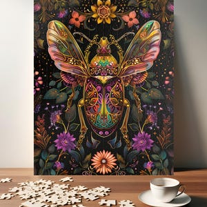 Stained Glass Beetle Puzzle - Gold Botanical Jigsaw - - Luxury Insect Art Gift - Gift for Insect Lovers (110, 252, 520, 1014 pieces)