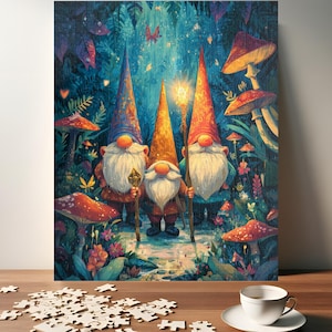 May include: A colorful jigsaw puzzle featuring three gnomes in a whimsical forest setting with mushrooms and butterflies. The puzzle is partially assembled, with pieces scattered on a wooden surface. A teacup and saucer are also present.