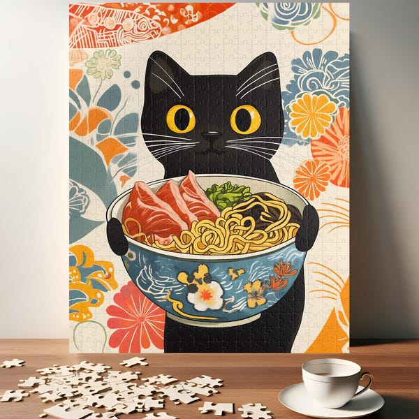 Ramen Cat Delight Puzzle - Whimsical Feline with Noodles Jigsaw - Perfect Gift for Cat Enthusiast and Food Lover (110, 252, 520, 1014 piece)