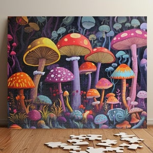 Vibrant Mushroom Forest Puzzle - Psychedelic Fungi Art Jigsaw - Gift for Mushroom Lover and Whimsical Enthusiast (110, 252, 520, 1014 piece)