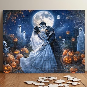Haunted Skeleton Bride Puzzle - Spooky Halloween Wedding Scene Jigsaw - Gift for Gothic and Halloween Lover (110, 252, 520, 1014 piece)