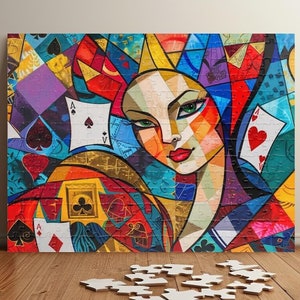 Rompecabezas de la Reina de Corazones de colores: rompecabezas de cartas abstractas: regalo perfecto para amantes de los juegos de cartas y entusiastas del arte (110, 252, 520, 1014 piezas)