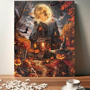 Haunted House Puzzle - Pumpkin Village Jigsaw - Halloween Theme Game - Scarry Night Game - Mind Exercise Hobby (110, 252, 520, 1014 piece)