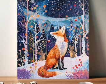 May include: A red fox sits in a snowy forest with two rabbits. The fox is looking up at the night sky, which is filled with stars and shooting stars. The trees are covered in snow and have colorful berries.