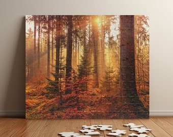 May include: A jigsaw puzzle featuring a forest scene. The forest is full of tall trees with the sun shining through the branches. The ground is covered in fallen leaves.