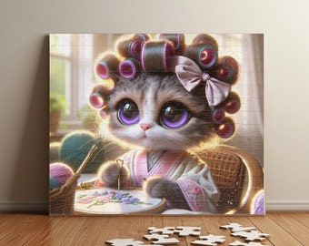 Charming Curly Cat Puzzle - Whimsical Embroidery Jigsaw - Perfect Gift for Cat Lovers - Curly Fur Collection (110, 252, 520, 1014 piece)