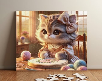 Crafty Kitten Puzzle - Cozy Cat Embroidery Jigsaw - Perfect Gift for Cat Lovers - Curly Fur Collection Puzzle (110, 252, 520, 1014 piece)