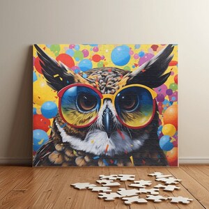 Party Owl Spectacle Puzzle - Colorful Balloon Fiesta Jigsaw - Fun Quirky Gift for Owl Lovers - Vivid Art Puzzle (110, 252, 520, 1014 piece)
