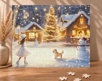 Rompecabezas con encantadora escena de patinaje invernal - Acogedor pueblo y luces navideñas - Regalo para los amantes del invierno (110, 252, 520, 1014 piezas)