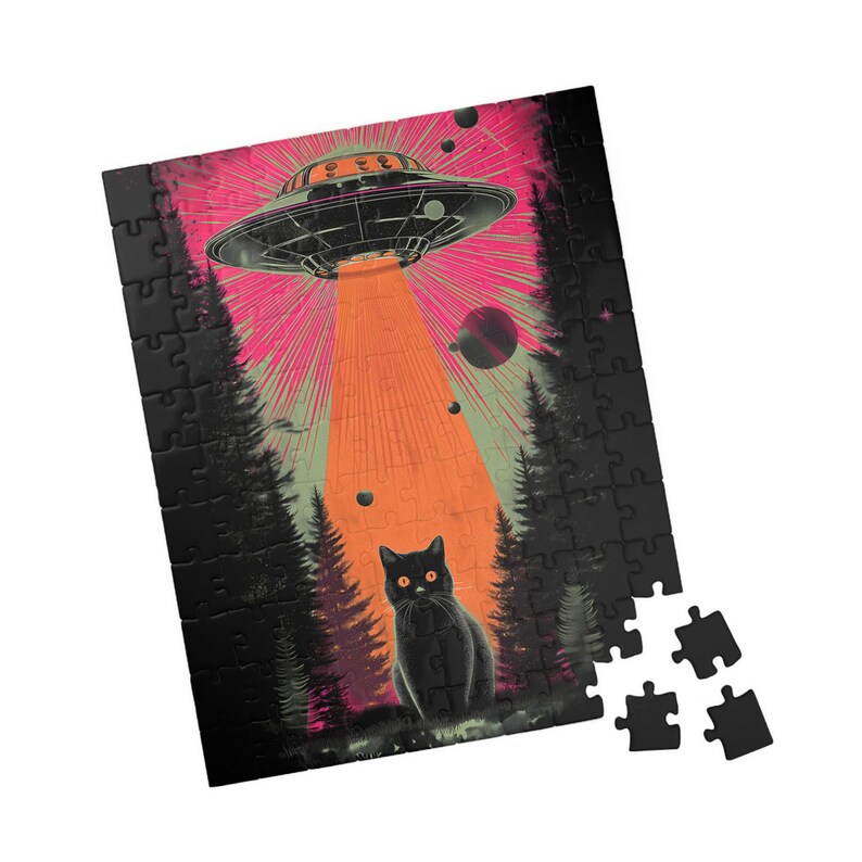 Retro UFO Cat Puzzle - Vintage Sci-Fi Alien Abduction Jigsaw - Fun Family Gift Activity - Mental Workout (110, 252, 520, 1014 piece) image 9
