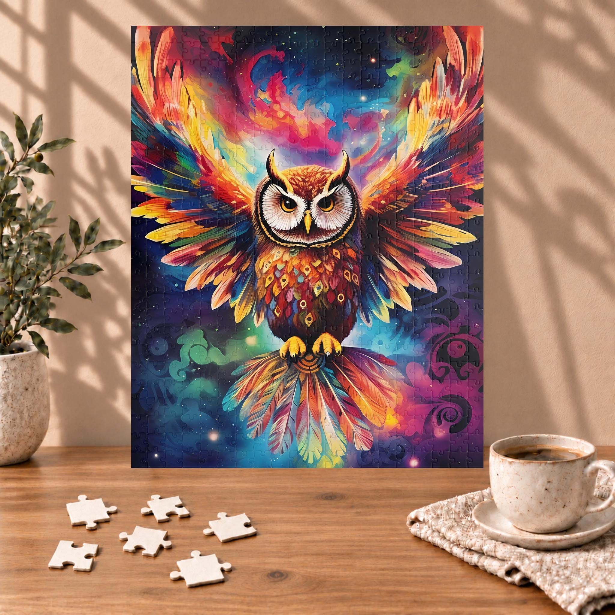 Owl Puzzle for Adults &middot; Galaxy Owl Jigsaw Puzzle &middot; Rainbow Feathers Spread Wings Cosmi