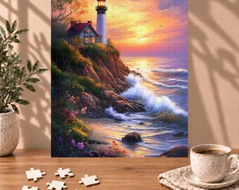 Seaside Lighthouse Sunset Puzzle - Coastal Scene and Ocean Waves Jigsaw - Gift for Seascape and Sunset Lovers (110, 252, 520, 1014 piece)
