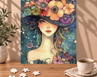 Enchanted Garden Portrait Puzzle - Floral Woman in Hat Art Jigsaw - Gift for Art Lovers and Garden Enthusiasts  (110, 252, 520, 1014 piece)