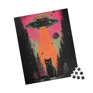 Retro UFO Cat Puzzle - Vintage Sci-Fi Alien Abduction Jigsaw - Fun Family Gift Activity - Mental Workout (110, 252, 520, 1014 piece) image 3