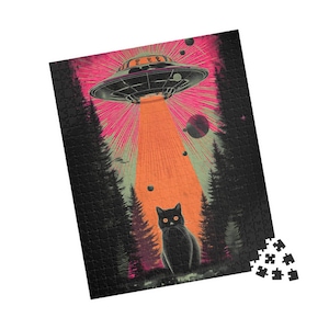 Retro UFO Katzen Puzzle - Vintage Sci-Fi Außerirdische Entführung Jigsaw - Lustige Familiengeschenk Aktivität - Mentales Training (110, 252, 520, 1014 Teile) Bild 5