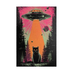 Retro UFO Cat Puzzle - Vintage Sci-Fi Alien Abduction Jigsaw - Fun Family Gift Activity - Mental Workout (110, 252, 520, 1014 piece) image 8