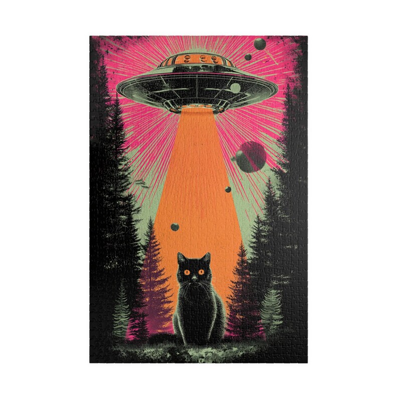 Retro UFO Cat Puzzle - Vintage Sci-Fi Alien Abduction Jigsaw - Fun Family Gift Activity - Mental Workout (110, 252, 520, 1014 piece) image 8