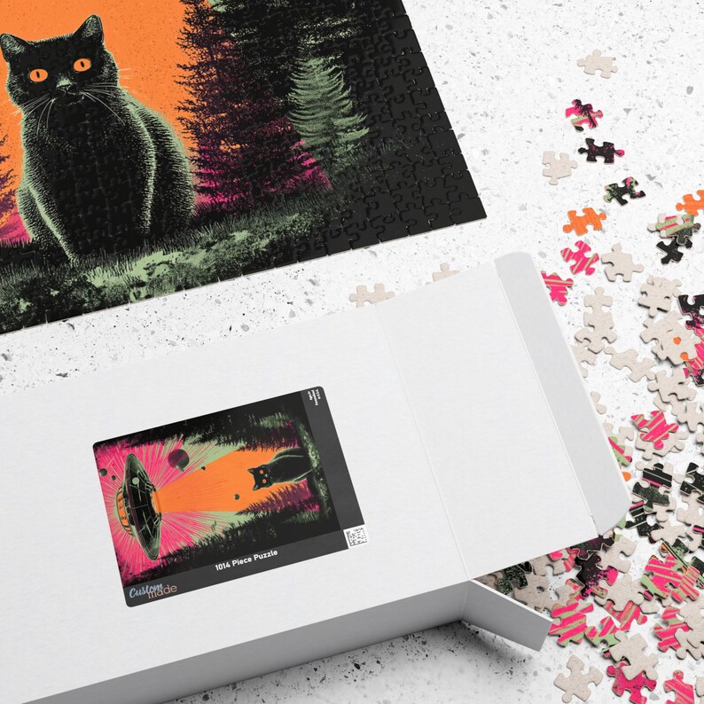 Retro UFO Cat Puzzle - Vintage Sci-Fi Alien Abduction Jigsaw - Fun Family Gift Activity - Mental Workout (110, 252, 520, 1014 piece) image 7