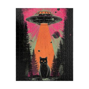 Retro UFO Katzen Puzzle - Vintage Sci-Fi Außerirdische Entführung Jigsaw - Lustige Familiengeschenk Aktivität - Mentales Training (110, 252, 520, 1014 Teile) Bild 10