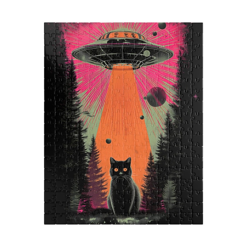 Retro UFO Katzen Puzzle - Vintage Sci-Fi Außerirdische Entführung Jigsaw - Lustige Familiengeschenk Aktivität - Mentales Training (110, 252, 520, 1014 Teile) Bild 10