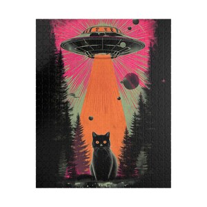 Retro UFO Cat Puzzle - Vintage Sci-Fi Alien Abduction Jigsaw - Fun Family Gift Activity - Mental Workout (110, 252, 520, 1014 piece) image 5