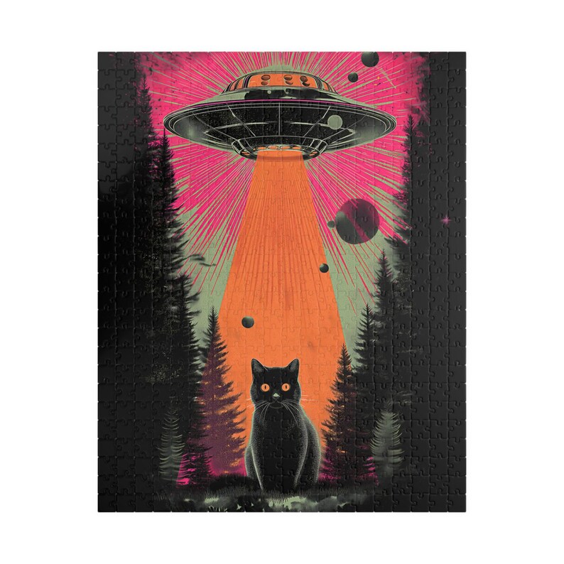 Retro UFO Cat Puzzle - Vintage Sci-Fi Alien Abduction Jigsaw - Fun Family Gift Activity - Mental Workout (110, 252, 520, 1014 piece) image 5