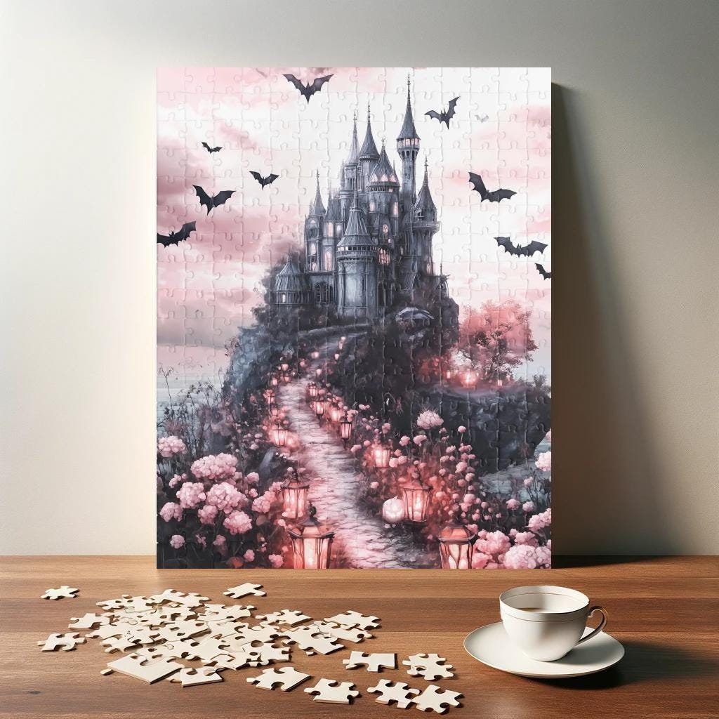 Haunted Castle Path Puzzle - Spooky Halloween Lanterns and Bats Jigsaw - Gift for Gothic and Fantasy Lovers (110, 252, 520, 1014 piece)