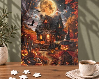 Halloween Puzzle for Adults · Haunted House Full Moon Scene · Pumpkin and Bats Village at Night · Fall Gift for Her