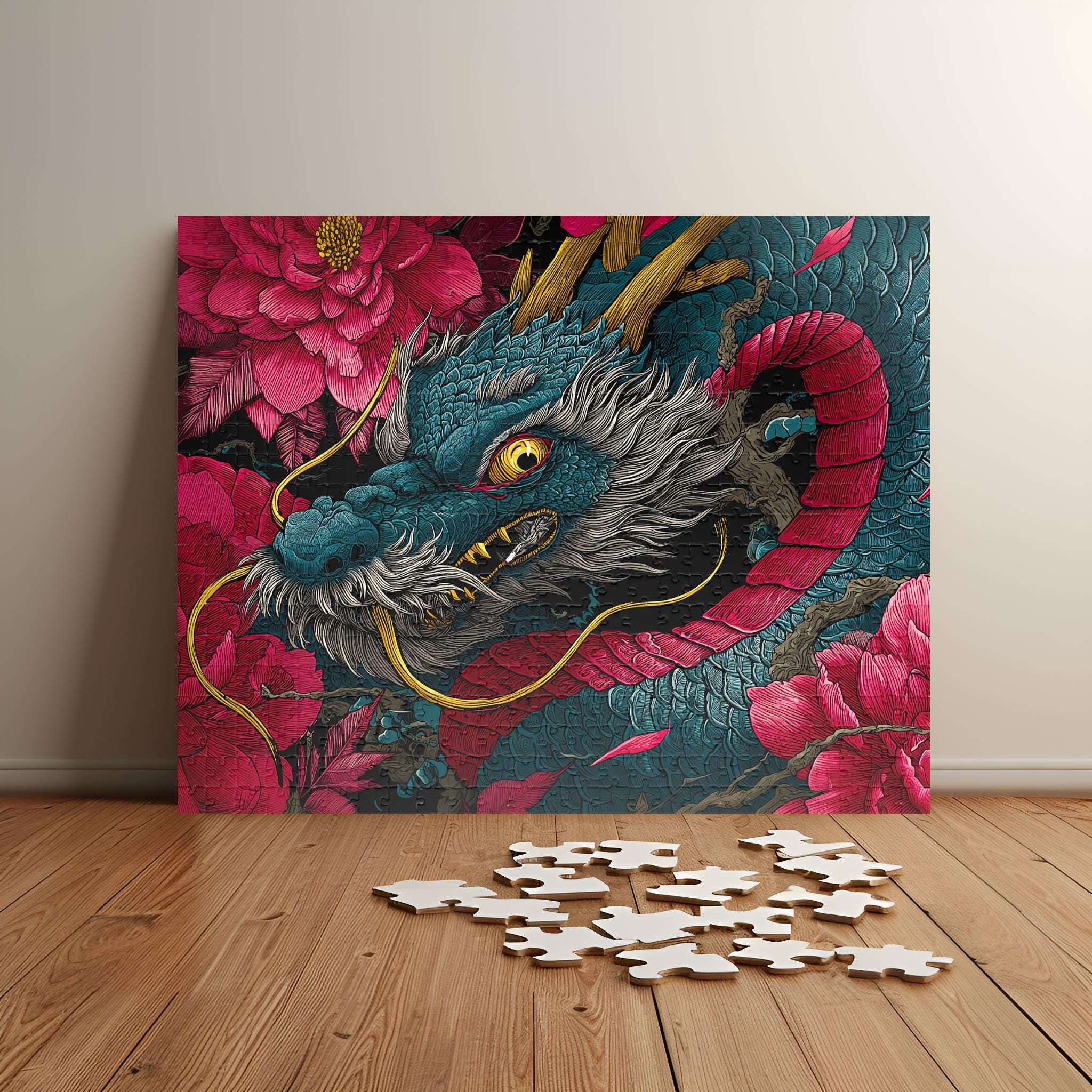 パズルの牡丹 日本の龍のパズル - 獰猛な蛇と牡丹の花のファンタジージグソー - 東洋