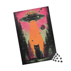 Retro UFO Cat Puzzle - Vintage Sci-Fi Alien Abduction Jigsaw - Fun Family Gift Activity - Mental Workout (110, 252, 520, 1014 piece) image 6