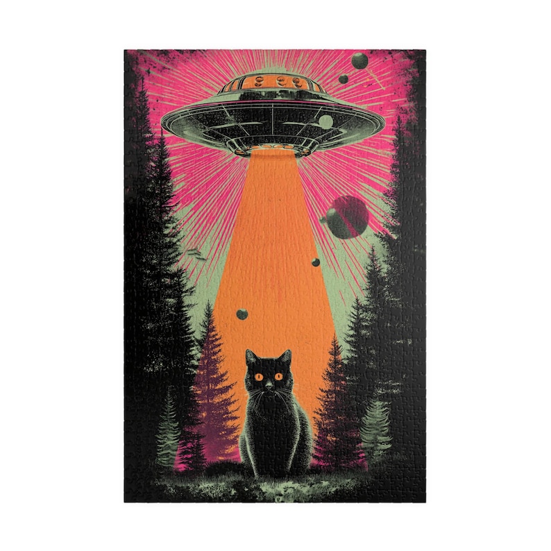 Retro UFO Katzen Puzzle - Vintage Sci-Fi Außerirdische Entführung Jigsaw - Lustige Familiengeschenk Aktivität - Mentales Training (110, 252, 520, 1014 Teile) Bild 4