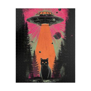 Retro UFO Katzen Puzzle - Vintage Sci-Fi Außerirdische Entführung Jigsaw - Lustige Familiengeschenk Aktivität - Mentales Training (110, 252, 520, 1014 Teile) Bild 7