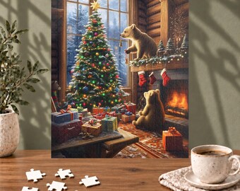 Rompecabezas navideño "Cabaña acogedora con osos" - Escena festiva de árbol y chimenea - Regalo navideño para amantes de la naturaleza (110, 252, 520, 1014 piezas)