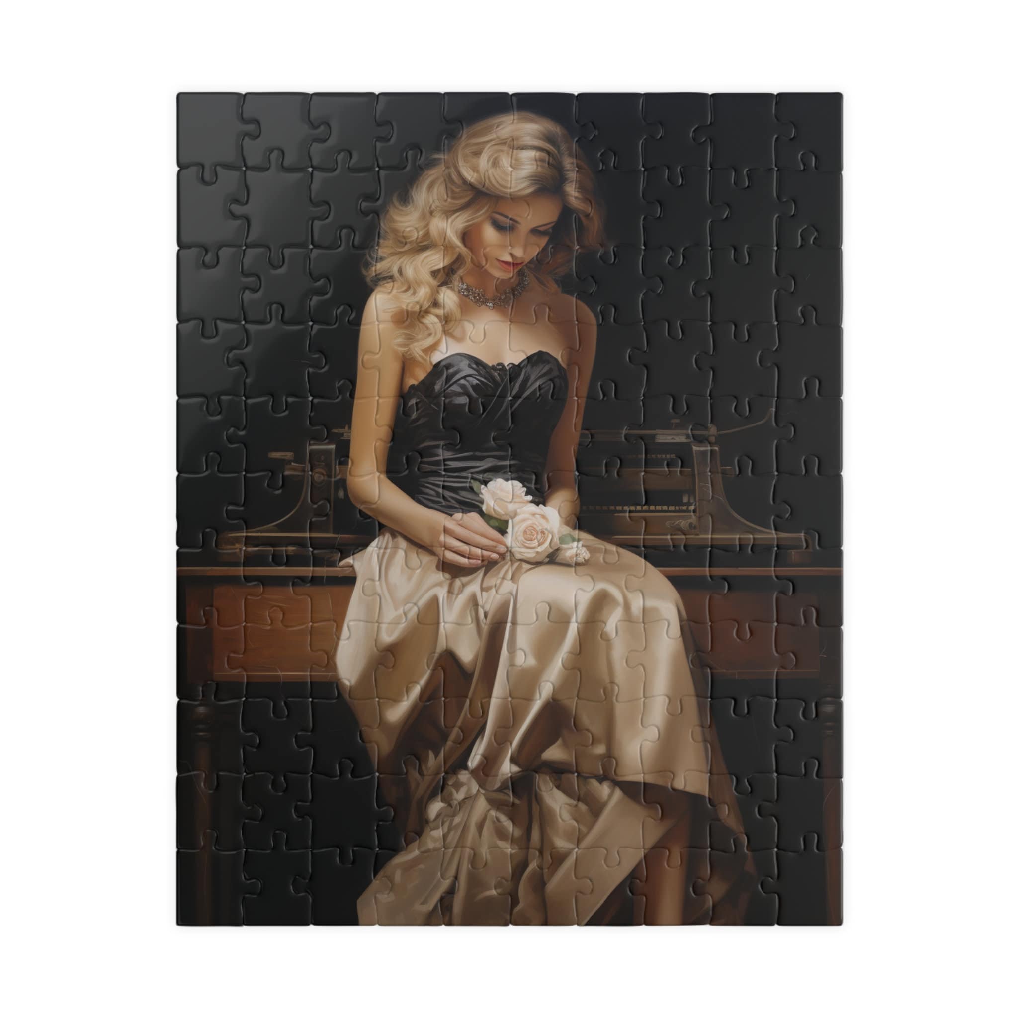 jigsaw gold dress Glamorous Lady with Roses Puzzle - Vintage Elegance - Classic Beauty readymade ethnic wear india
