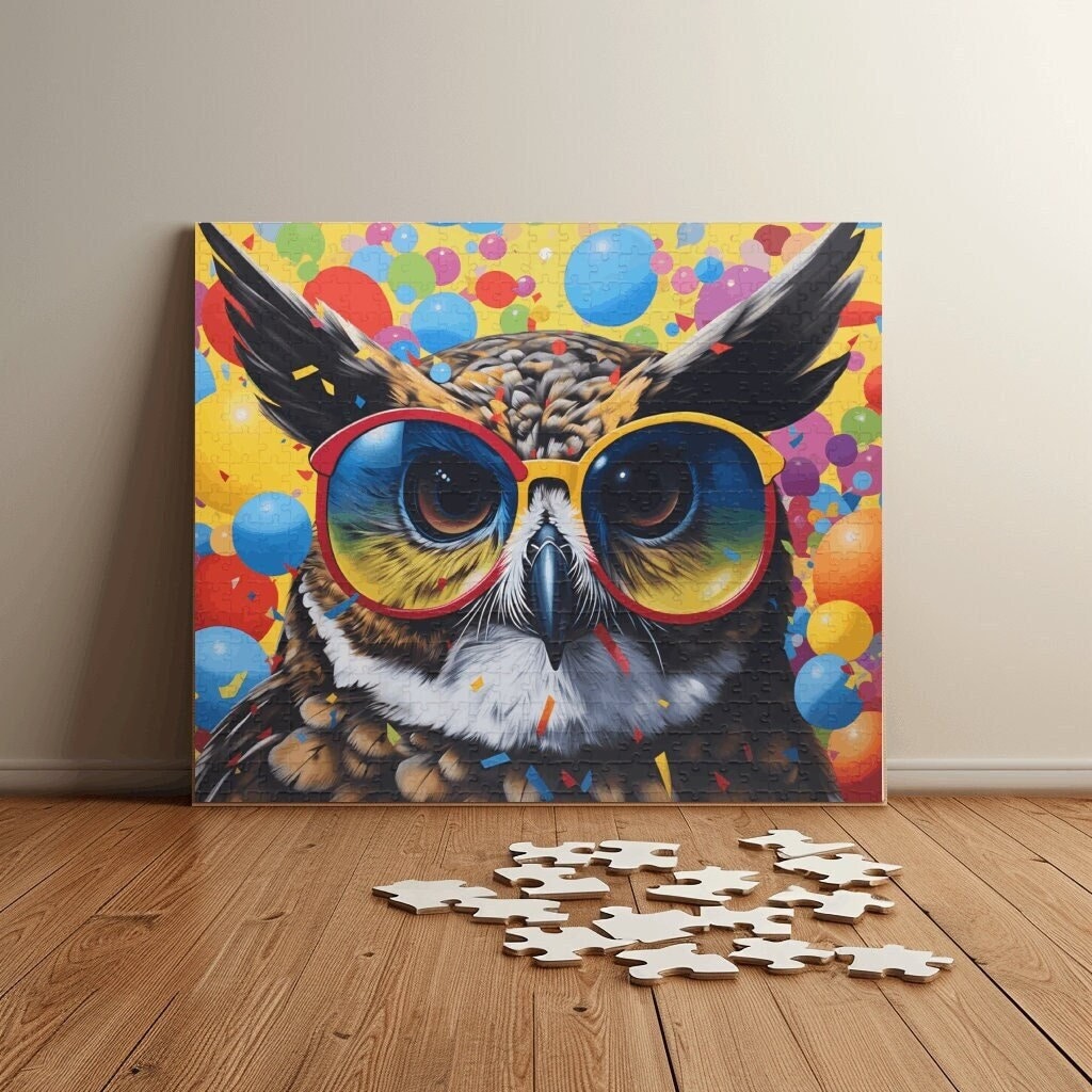 Party Owl Spectacle Puzzle - Colorful Balloon Fiesta Jigsaw - Fun Quirky Gift for Owl Lovers - Vivid