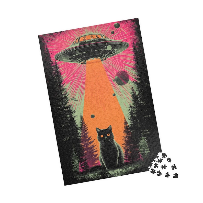 Retro UFO Katzen Puzzle - Vintage Sci-Fi Außerirdische Entführung Jigsaw - Lustige Familiengeschenk Aktivität - Mentales Training (110, 252, 520, 1014 Teile) Bild 2