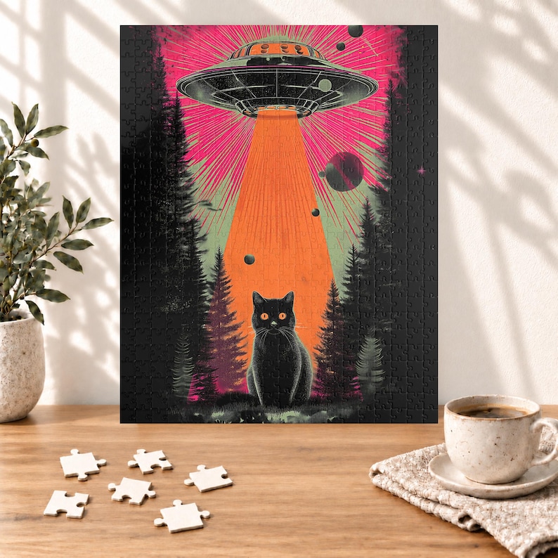 Retro UFO Cat Puzzle - Vintage Sci-Fi Alien Abduction Jigsaw - Fun Family Gift Activity - Mental Workout (110, 252, 520, 1014 piece) image 1