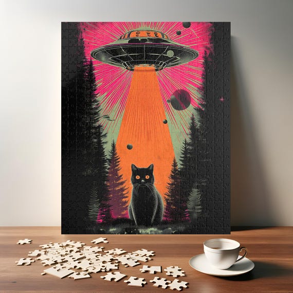Retro UFO Cat Puzzle - Vintage Sci-Fi Alien Abduction Jigsaw - Fun Family Gift Activity - Mental Workout  (110, 252, 520, 1014 piece)