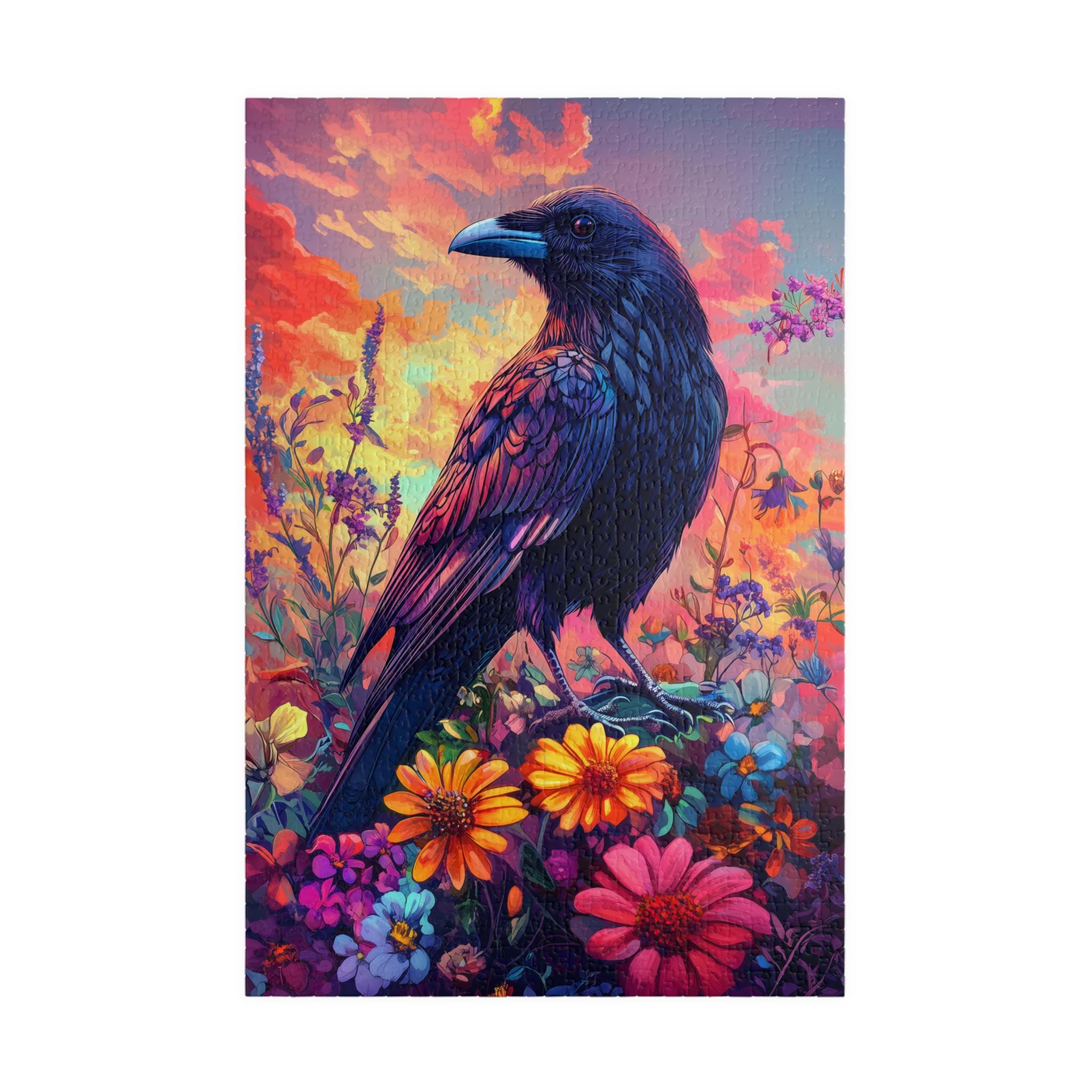 その他 Raven Majestic Raven Sunset Puzzle - Vibrant Crow and Wildflower Jigsaw