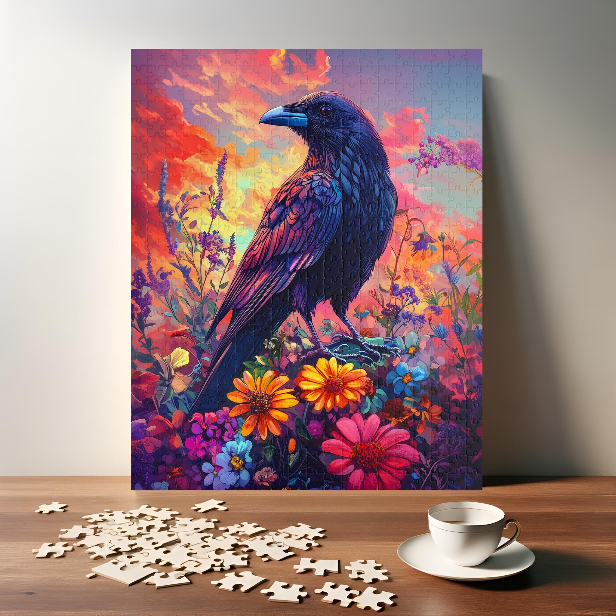 Majestic Raven Sunset Puzzle - Vibrant Crow and Wildflower Jigsaw