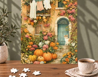 Może przedstawiać: Ilustracja puzzli przedstawiająca kamienny budynek z turkusowymi drzwiami, białym kotem, pomarańczowymi dyniami i kolorowymi kwiatami. Dwie białe postacie duchów i różowa tkanina wiszą na balkonie. Scena zawiera rozrzucone elementy układanki.