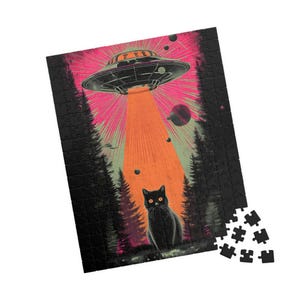 Retro UFO Katzen Puzzle - Vintage Sci-Fi Außerirdische Entführung Jigsaw - Lustige Familiengeschenk Aktivität - Mentales Training (110, 252, 520, 1014 Teile) Bild 8