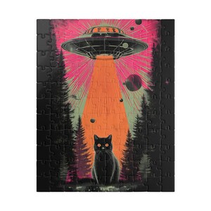 Retro UFO Cat Puzzle - Vintage Sci-Fi Alien Abduction Jigsaw - Fun Family Gift Activity - Mental Workout (110, 252, 520, 1014 piece) image 11