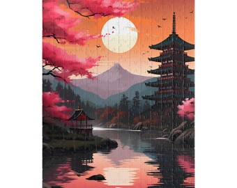 Mystic Pagoda Sunset Puzzle - Japanese Cherry Blossom
