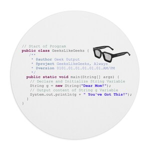 May include: A code snippet in a white circle with a pair of black sunglasses on top. The code is a Java program that declares a String variable and prints a message to the console. The code includes comments explaining the purpose of the code.