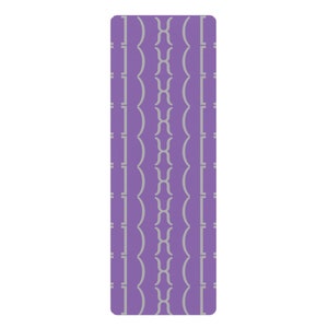 May include: A rectangular yoga mat with rounded corners. The mat features a repeating pattern of light gray vertical lines and curved shapes against a solid purple background. The design is symmetrical and centered on the mat.