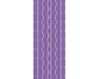 May include: A rectangular yoga mat with rounded corners. The mat features a repeating pattern of light gray vertical lines and curved shapes against a solid purple background. The design is symmetrical and centered on the mat.