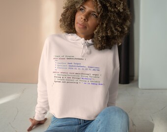 Michelle is in Debug Mode Women's Cropped Sweatshirt, Java Code Snippet Design on Sweatshirt Perfect Fit for a Girl Geek Debugging in Style