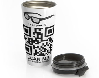 Be Ambitious Themed Travel Mug with QR Code, Sleek Stainless Steel Voyager Mug Companion, 16oz Travel Mug for your On The Go Geek or Nerd