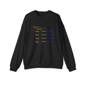 May include: Black sweatshirt with a code snippet printed on the front. The code snippet reads "for Feeling = 1 // Gonna Show The Feels (Feeling) { System.println(Feeling); } System.println(Feeling); } System.println(Feeling); } System.println(Feeling); }"